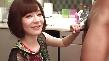 Airai Miyazaki a mature and fantastic Asian invites you to a threeway in the kitchen while her playmate observes and she graciously gives blowjob